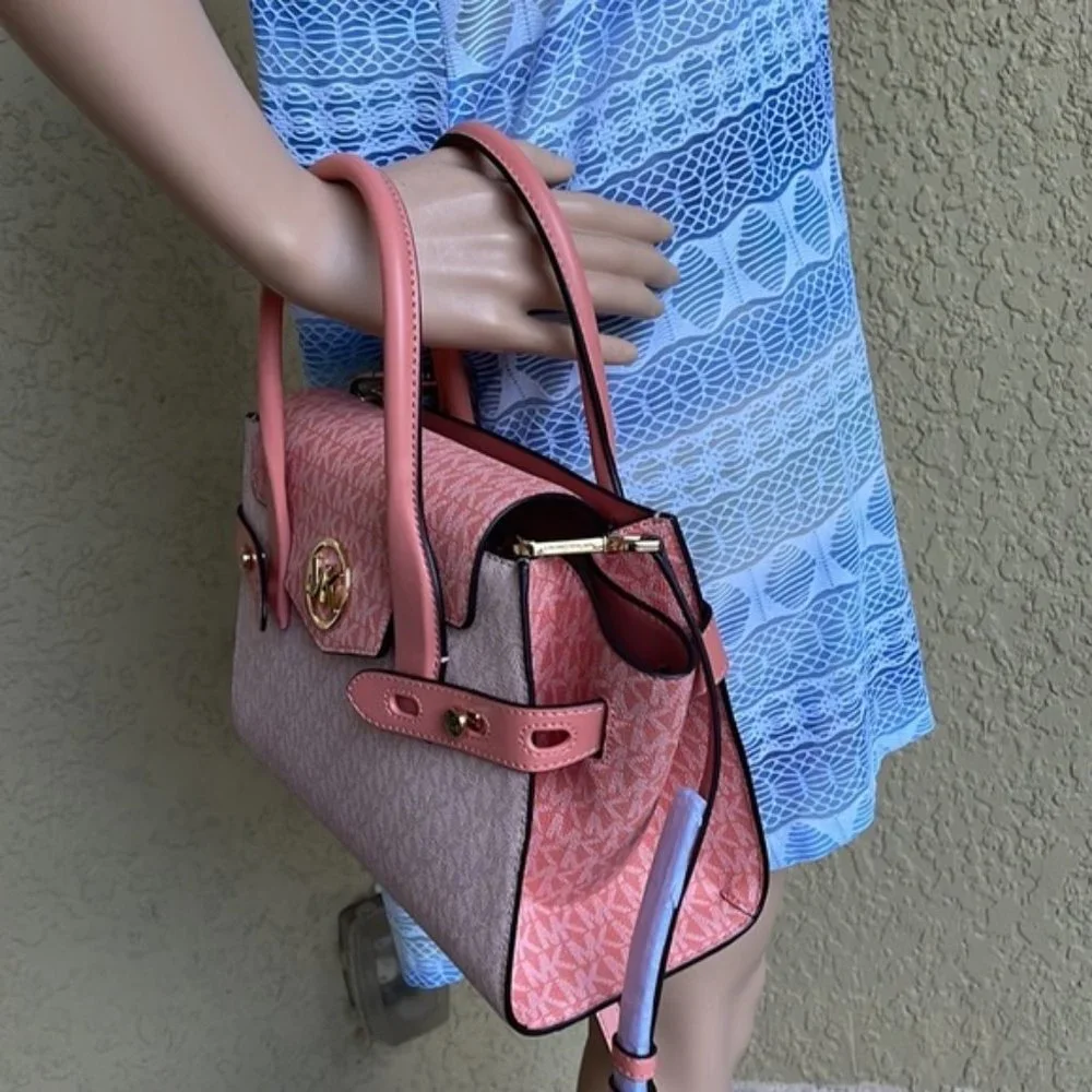 Michael Kors Carmen Medium Color-Block Logo Flap Satchel Sherbert